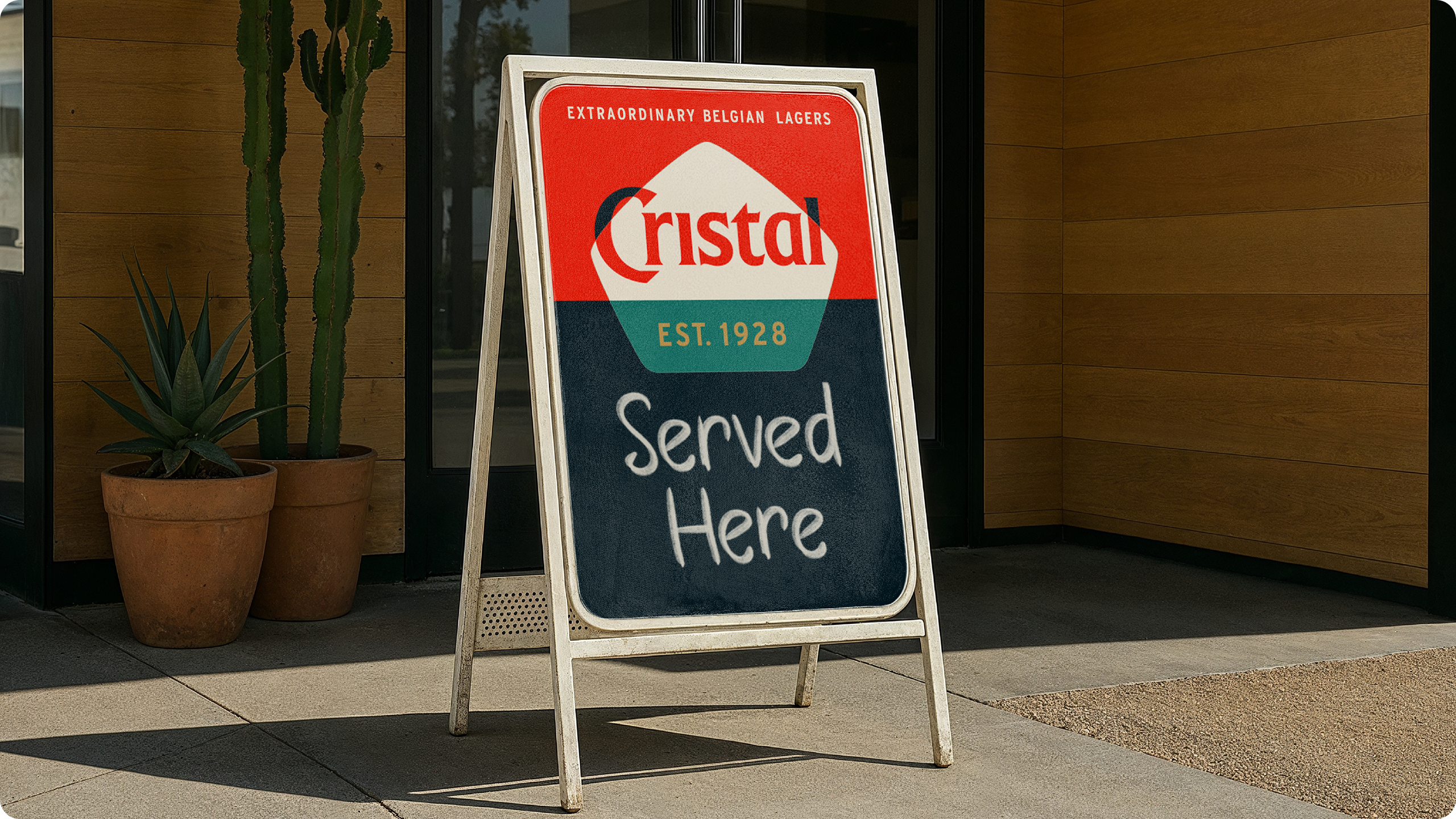 A sandwich board advertising Cristal.