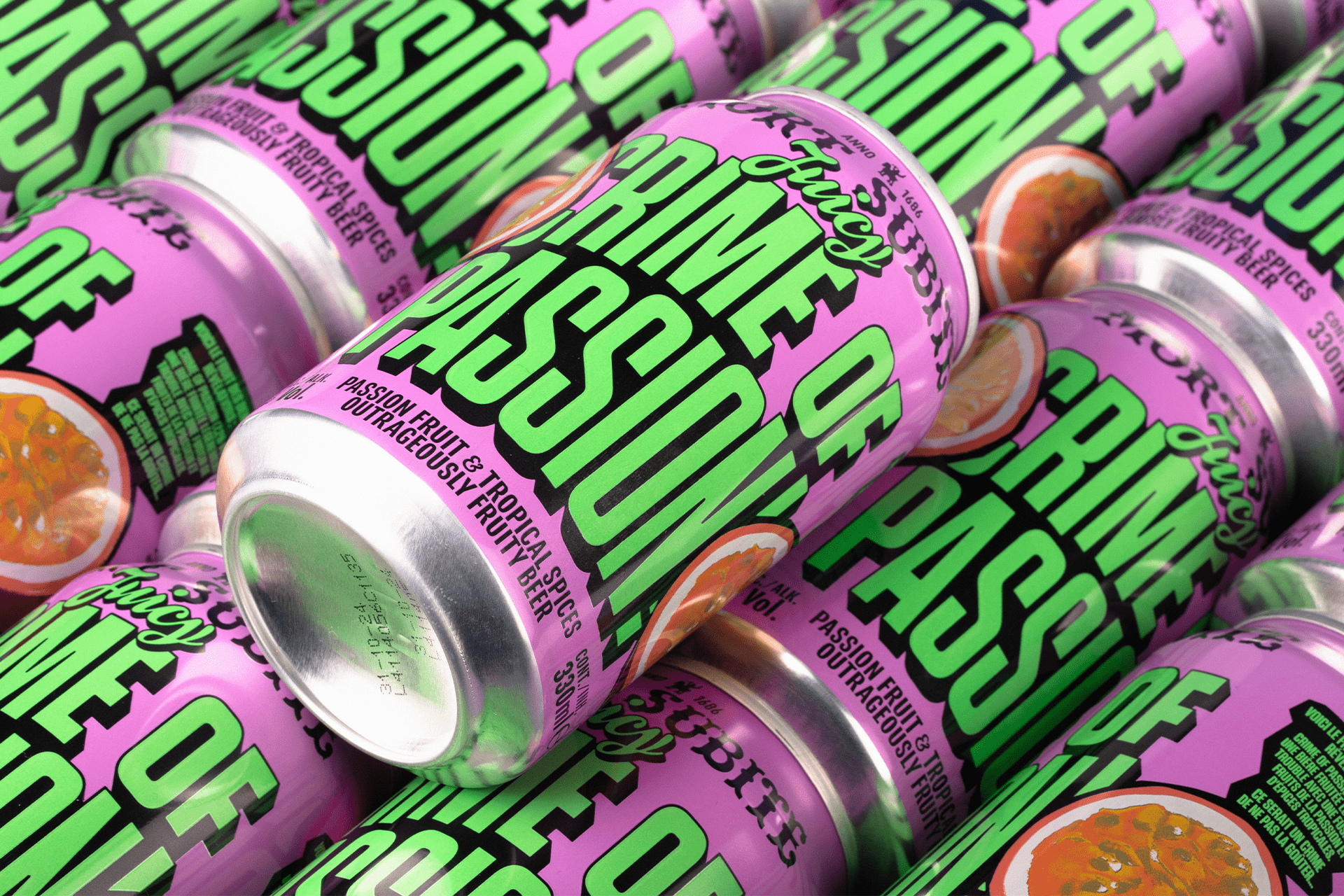 Stacked cans of Crime of Passion beer.