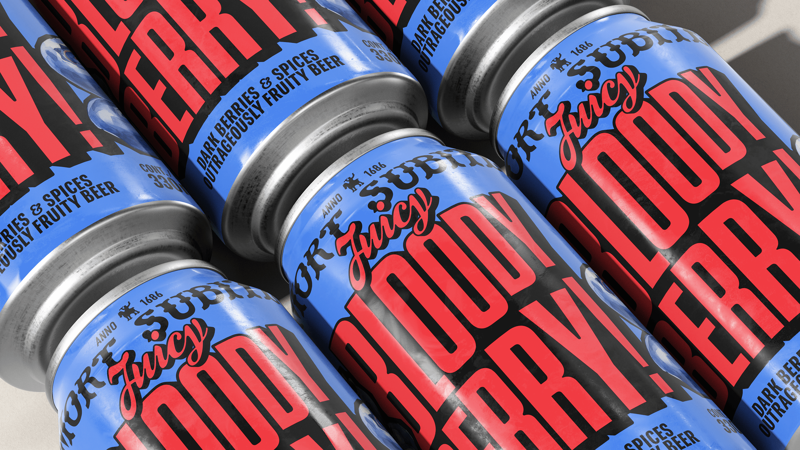 Stacked cans of Juicy Bloody Berry.
