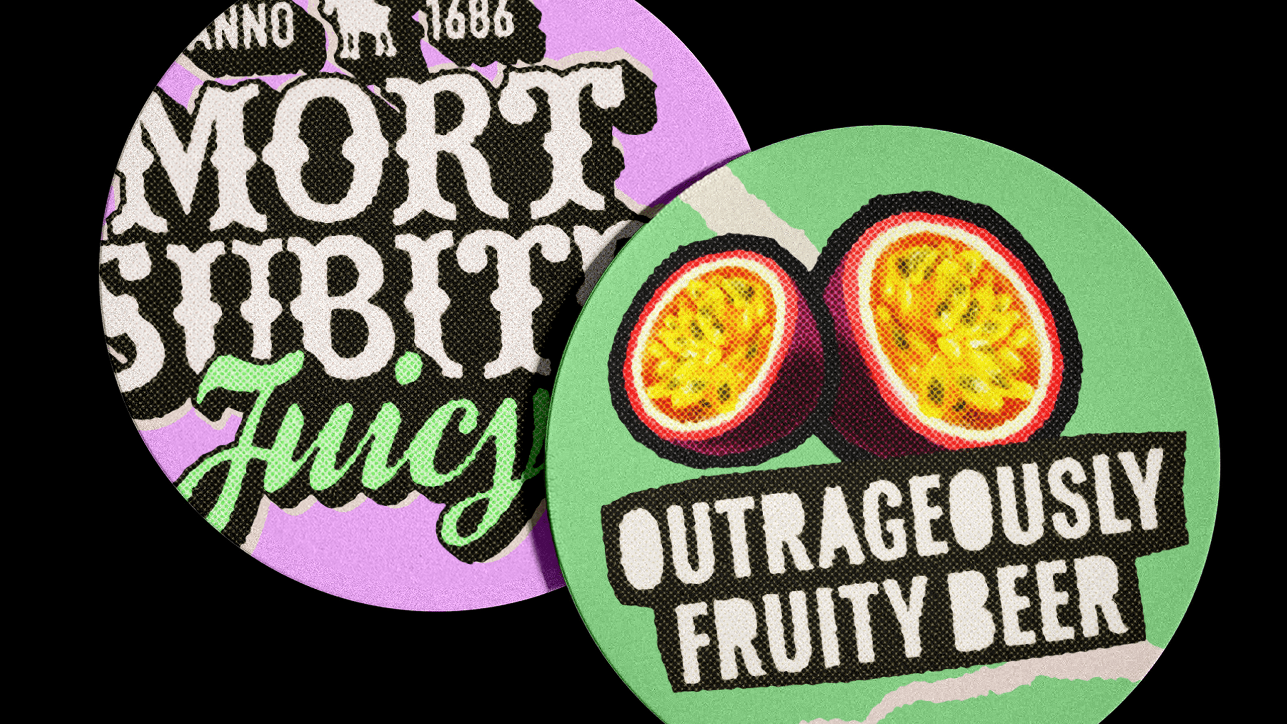 Patches with the Mort Subite Juicy logo.