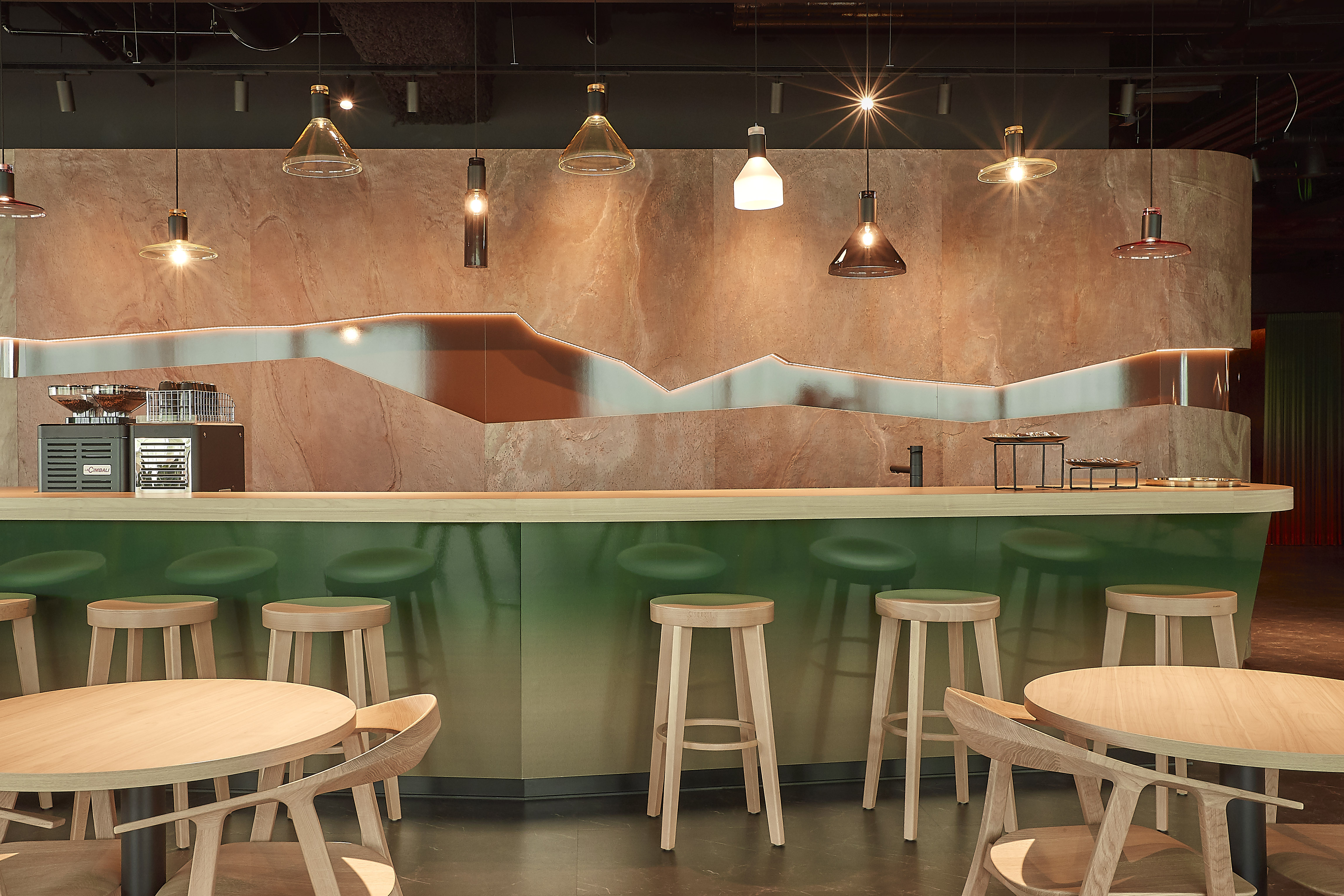 Bar seating for customers to get a better view of the chocolate-making experience.
