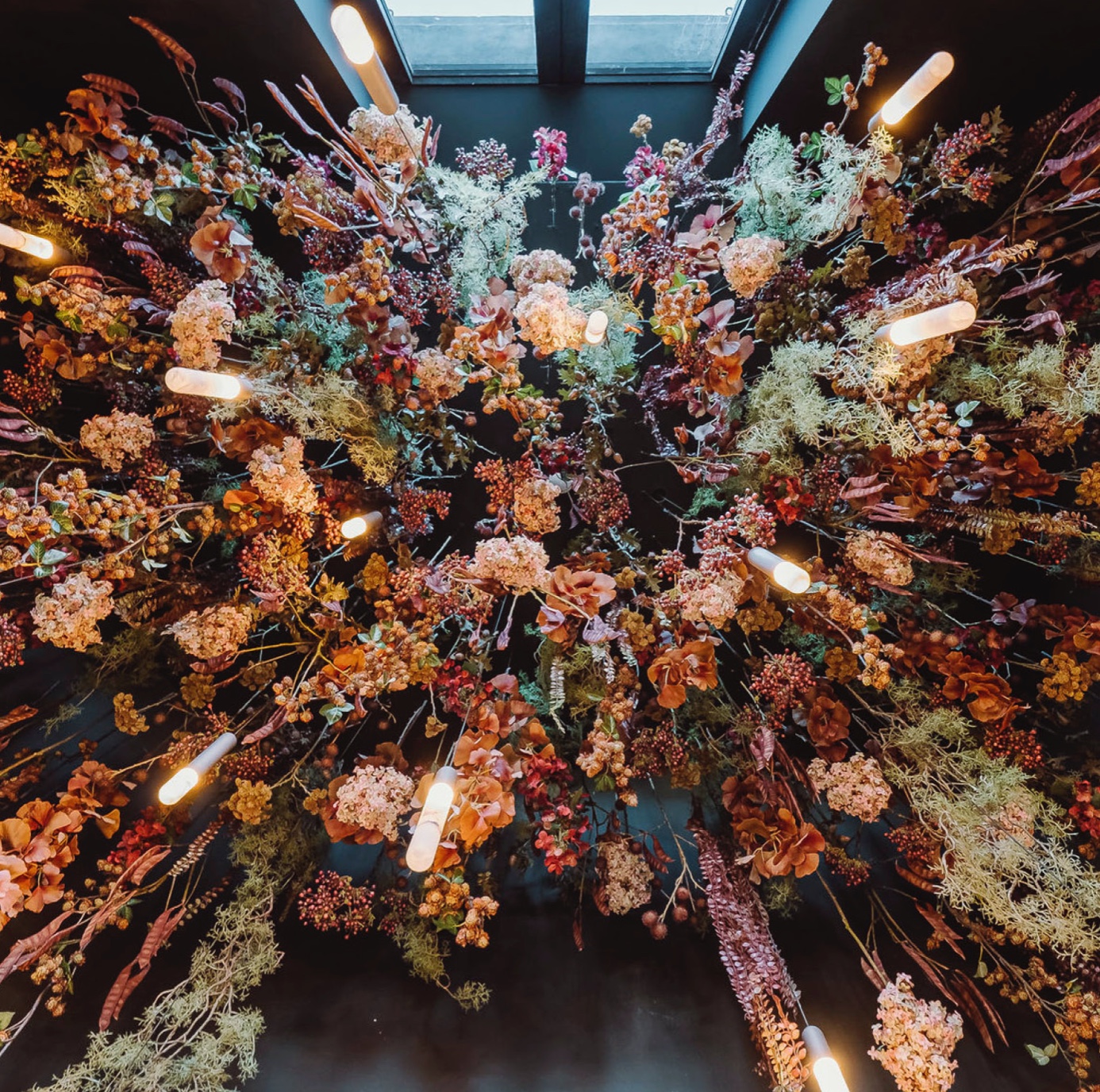 The faux flower light display in the entrance.